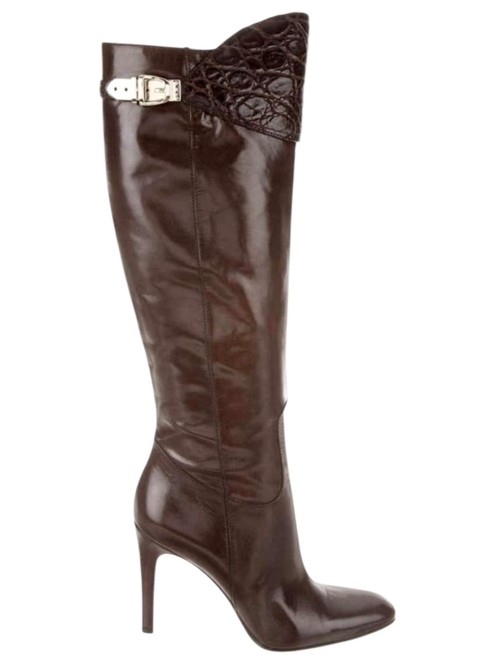GUCCI FW 2005 Chocolate Brown Leather & Crocodile Runway Stiletto Knee High Boot